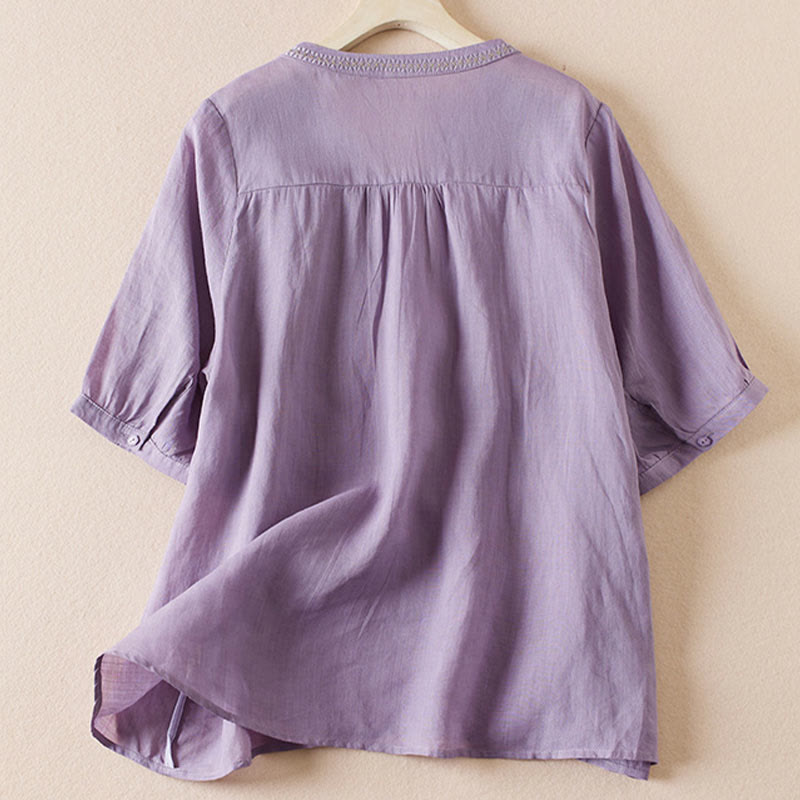 Koszula damska z krótkim rękawem i haftem w kształcie litery V z Buddha Stones , wykonana z mieszanki bawełny i z krótkim rękawem - image 1