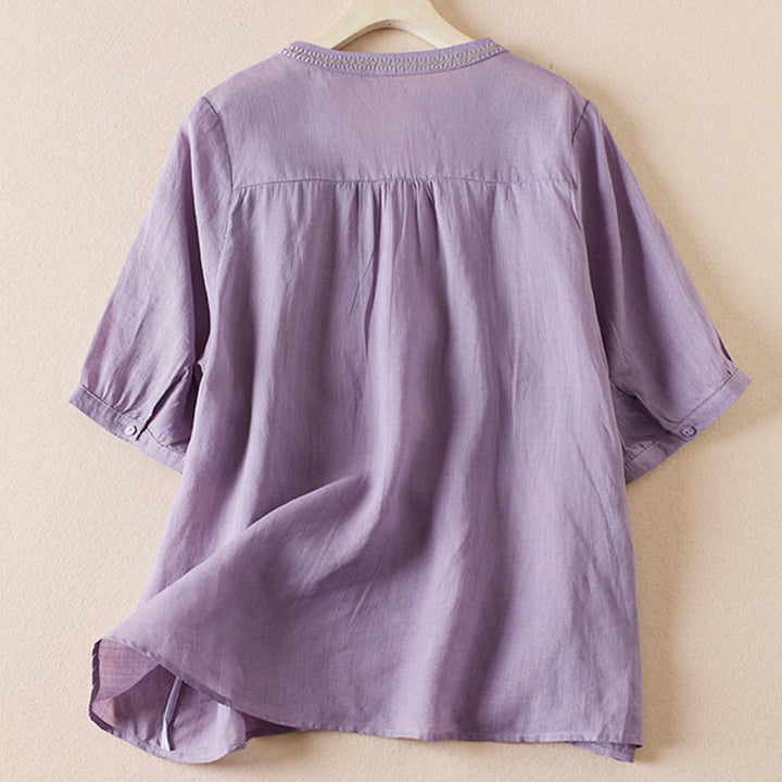 Koszula damska z krótkim rękawem i haftem w kształcie litery V z Buddha Stones , wykonana z mieszanki bawełny i z krótkim rękawem - image 1