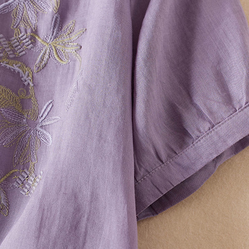 Koszula damska z krótkim rękawem i haftem w kształcie litery V z Buddha Stones , wykonana z mieszanki bawełny i z krótkim rękawem - image 4