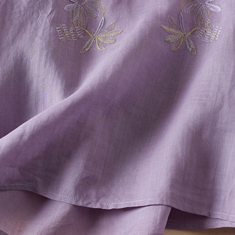 Koszula damska z krótkim rękawem i haftem w kształcie litery V z Buddha Stones , wykonana z mieszanki bawełny i z krótkim rękawem