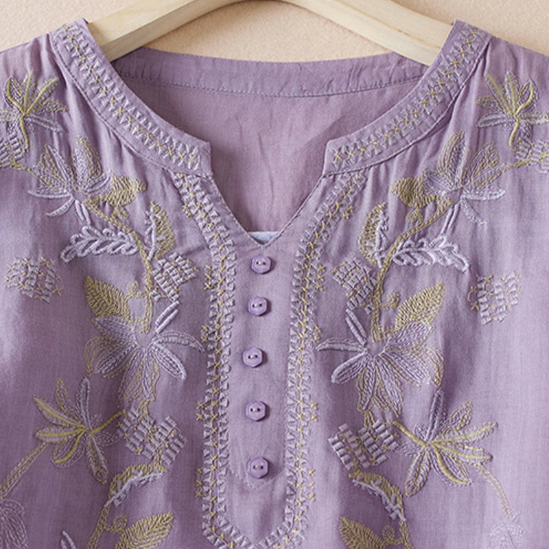 Koszula damska z krótkim rękawem i haftem w kształcie litery V z Buddha Stones , wykonana z mieszanki bawełny i z krótkim rękawem - image 2