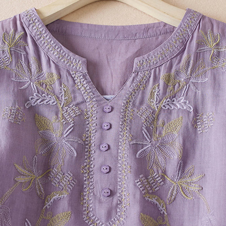 Koszula damska z krótkim rękawem i haftem w kształcie litery V z Buddha Stones , wykonana z mieszanki bawełny i z krótkim rękawem - image 2