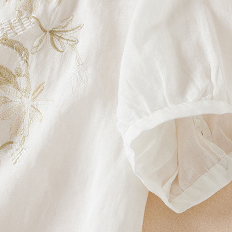 Koszula damska z krótkim rękawem i haftem w kształcie litery V z Buddha Stones , wykonana z mieszanki bawełny i z krótkim rękawem - image 13