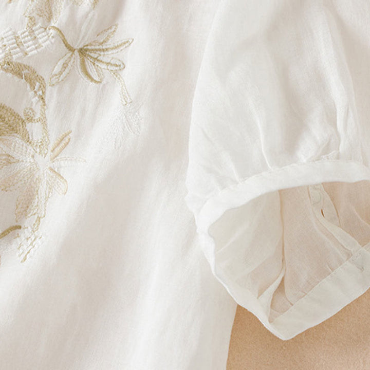 Koszula damska z krótkim rękawem i haftem w kształcie litery V z Buddha Stones , wykonana z mieszanki bawełny i z krótkim rękawem - image 13