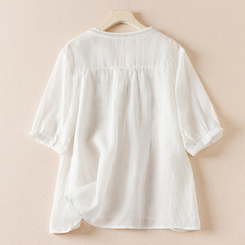 Koszula damska z krótkim rękawem i haftem w kształcie litery V z Buddha Stones , wykonana z mieszanki bawełny i z krótkim rękawem