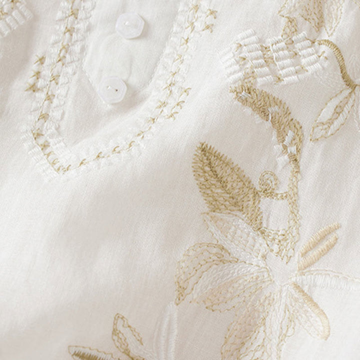 Koszula damska z krótkim rękawem i haftem w kształcie litery V z Buddha Stones , wykonana z mieszanki bawełny i z krótkim rękawem