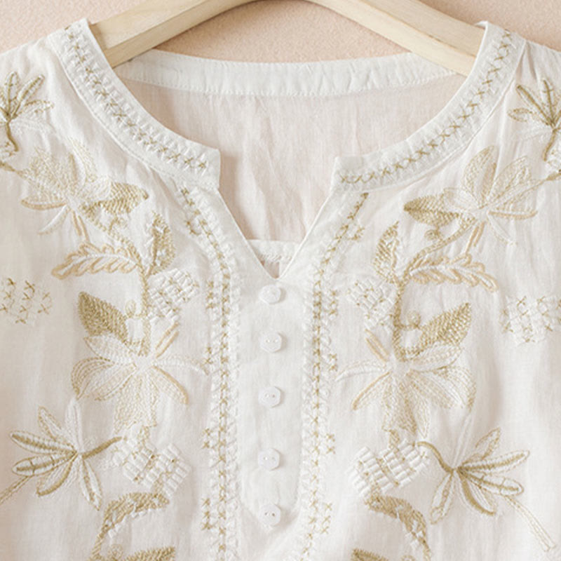 Koszula damska z krótkim rękawem i haftem w kształcie litery V z Buddha Stones , wykonana z mieszanki bawełny i z krótkim rękawem - image 10