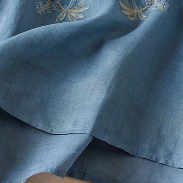 Koszula damska z krótkim rękawem i haftem w kształcie litery V z Buddha Stones , wykonana z mieszanki bawełny i z krótkim rękawem