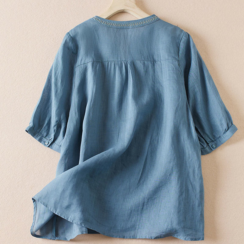 Koszula damska z krótkim rękawem i haftem w kształcie litery V z Buddha Stones , wykonana z mieszanki bawełny i z krótkim rękawem