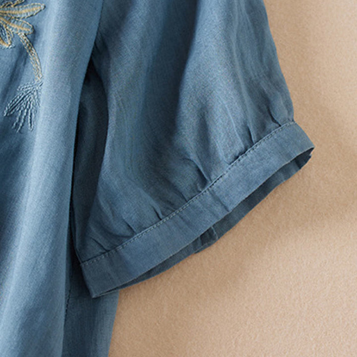 Koszula damska z krótkim rękawem i haftem w kształcie litery V z Buddha Stones , wykonana z mieszanki bawełny i z krótkim rękawem - image 19