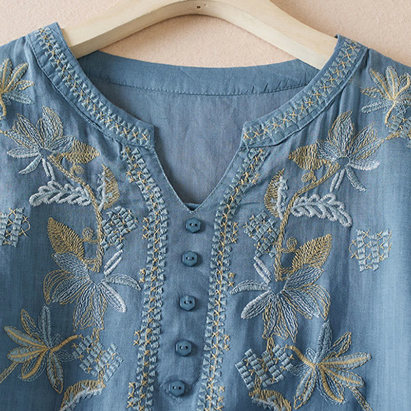 Koszula damska z krótkim rękawem i haftem w kształcie litery V z Buddha Stones , wykonana z mieszanki bawełny i z krótkim rękawem