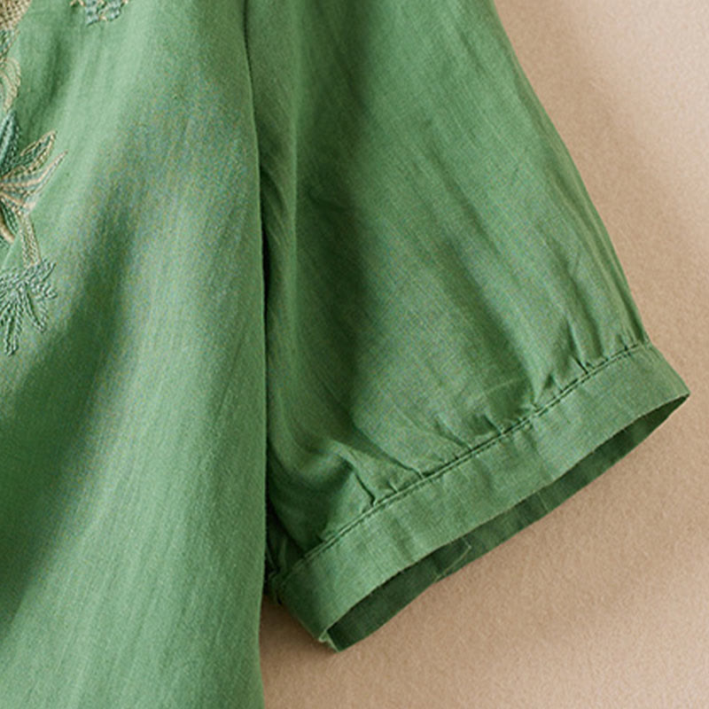 Koszula damska z krótkim rękawem i haftem w kształcie litery V z Buddha Stones , wykonana z mieszanki bawełny i z krótkim rękawem