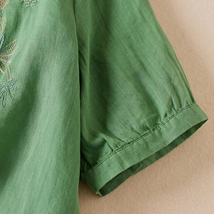 Koszula damska z krótkim rękawem i haftem w kształcie litery V z Buddha Stones , wykonana z mieszanki bawełny i z krótkim rękawem - image 27