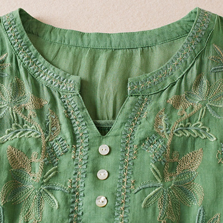 Koszula damska z krótkim rękawem i haftem w kształcie litery V z Buddha Stones , wykonana z mieszanki bawełny i z krótkim rękawem - image 24