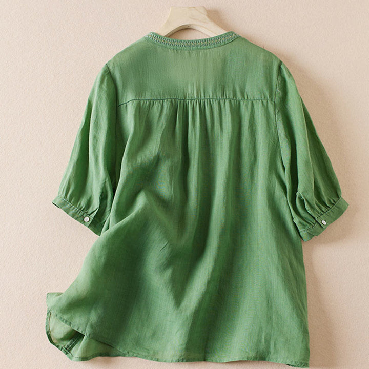 Koszula damska z krótkim rękawem i haftem w kształcie litery V z Buddha Stones , wykonana z mieszanki bawełny i z krótkim rękawem - image 23