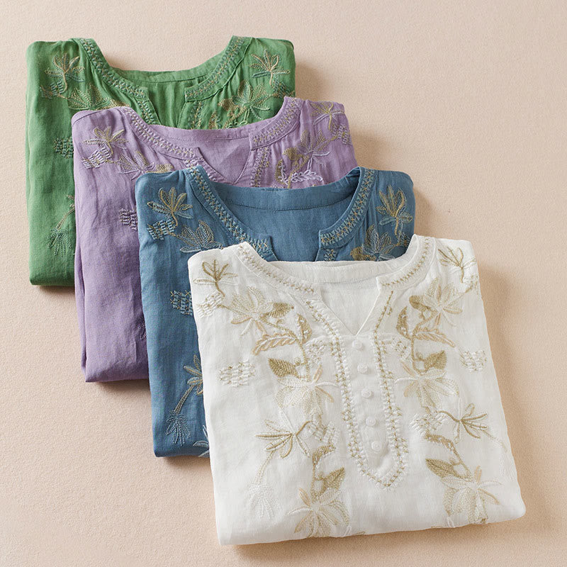 Koszula damska z krótkim rękawem i haftem w kształcie litery V z Buddha Stones , wykonana z mieszanki bawełny i z krótkim rękawem - image 29