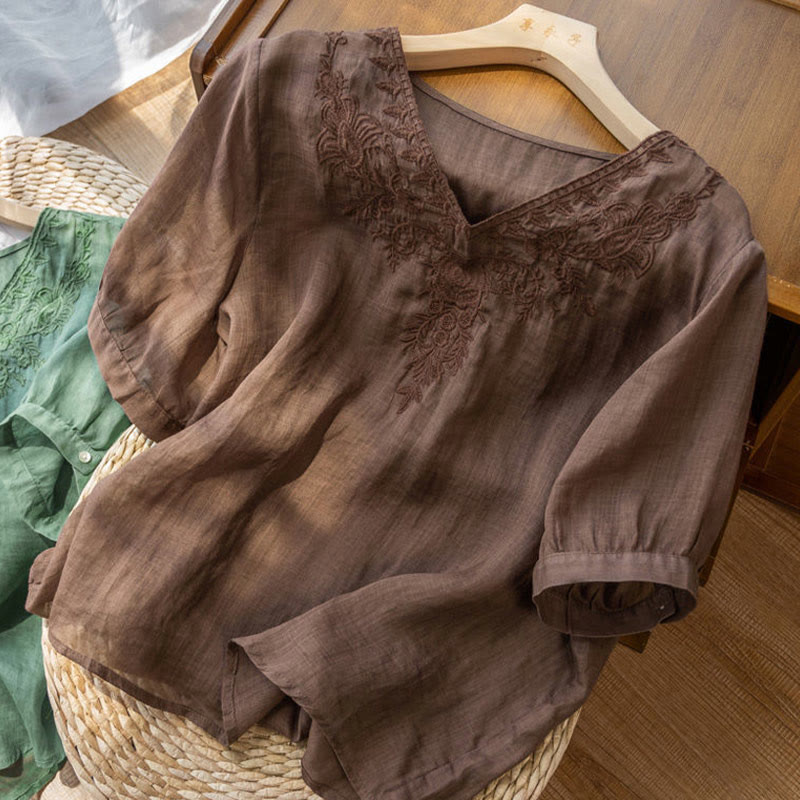 Koszula damska z krótkim rękawem i dekoltem w serek Buddha Stones Casual z haftem kwiatowym i krótkim rękawem