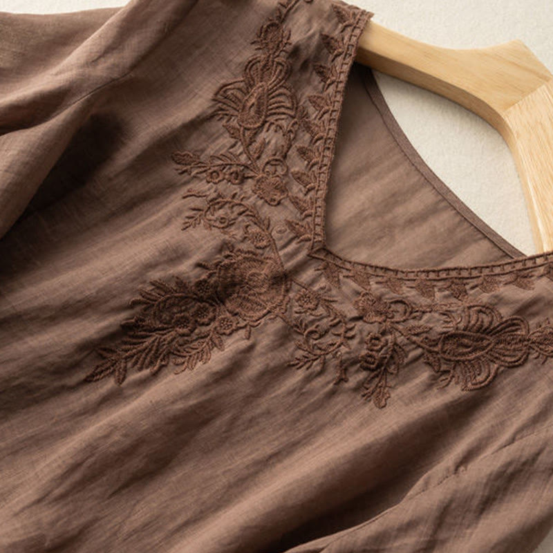 Koszula damska z krótkim rękawem i dekoltem w serek Buddha Stones Casual z haftem kwiatowym i krótkim rękawem - image 2