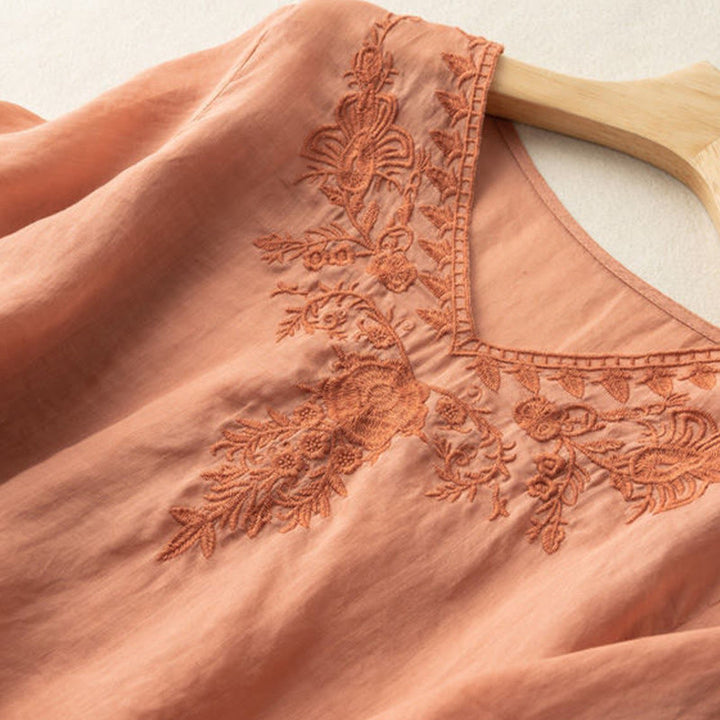 Koszula damska z krótkim rękawem i dekoltem w serek Buddha Stones Casual z haftem kwiatowym i krótkim rękawem - image 10