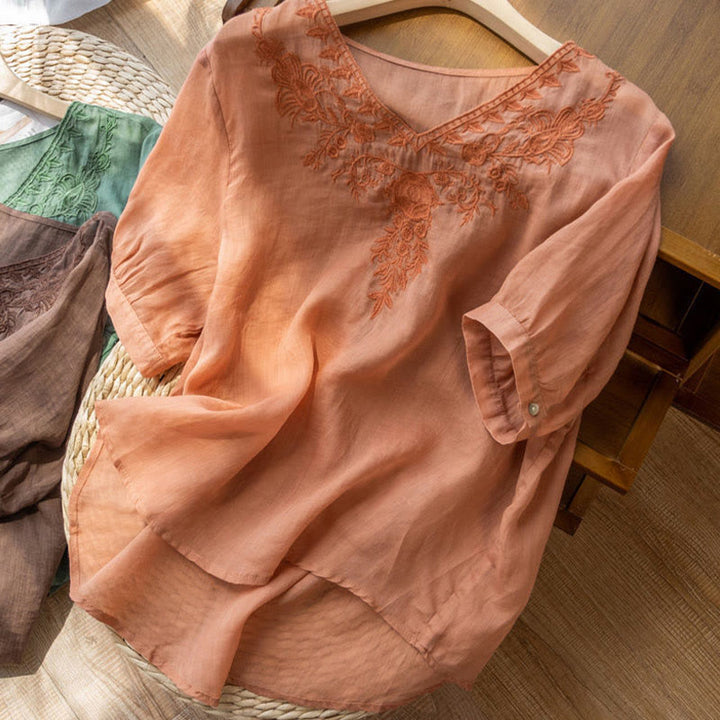 Koszula damska z krótkim rękawem i dekoltem w serek Buddha Stones Casual z haftem kwiatowym i krótkim rękawem - image 8