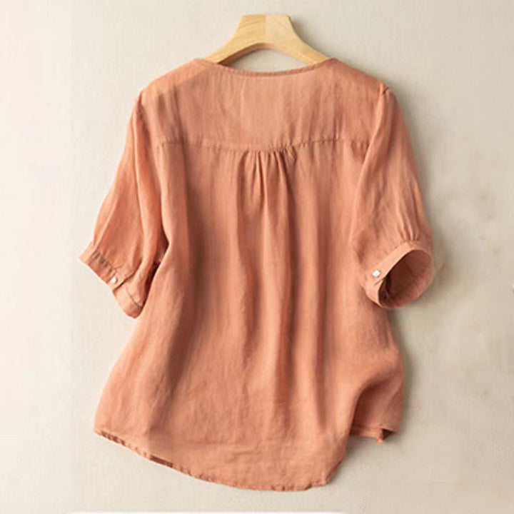 Koszula damska z krótkim rękawem i dekoltem w serek Buddha Stones Casual z haftem kwiatowym i krótkim rękawem