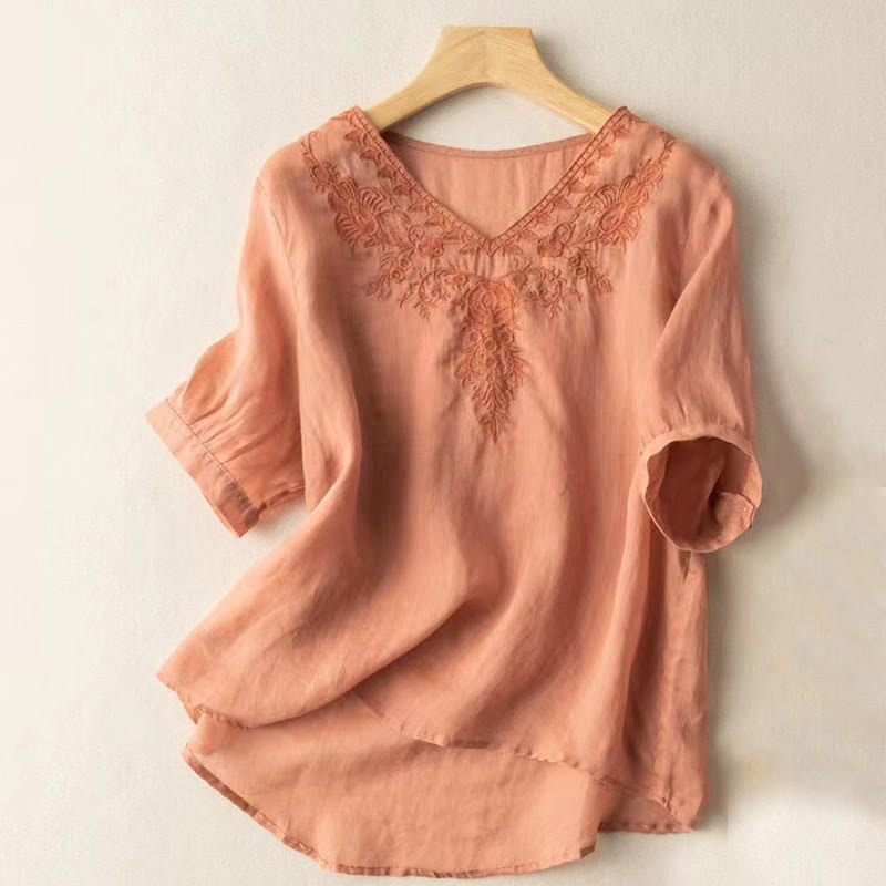 Koszula damska z krótkim rękawem i dekoltem w serek Buddha Stones Casual z haftem kwiatowym i krótkim rękawem - LightSalmon - US12, UK/AU16, EU44 (3XL) - image 6