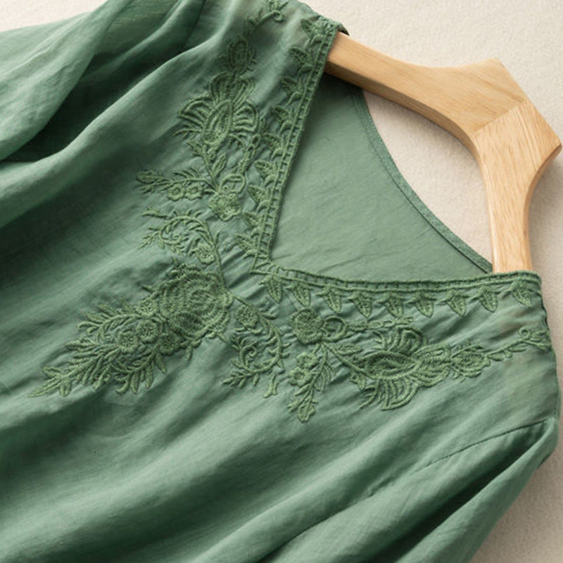 Koszula damska z krótkim rękawem i dekoltem w serek Buddha Stones Casual z haftem kwiatowym i krótkim rękawem