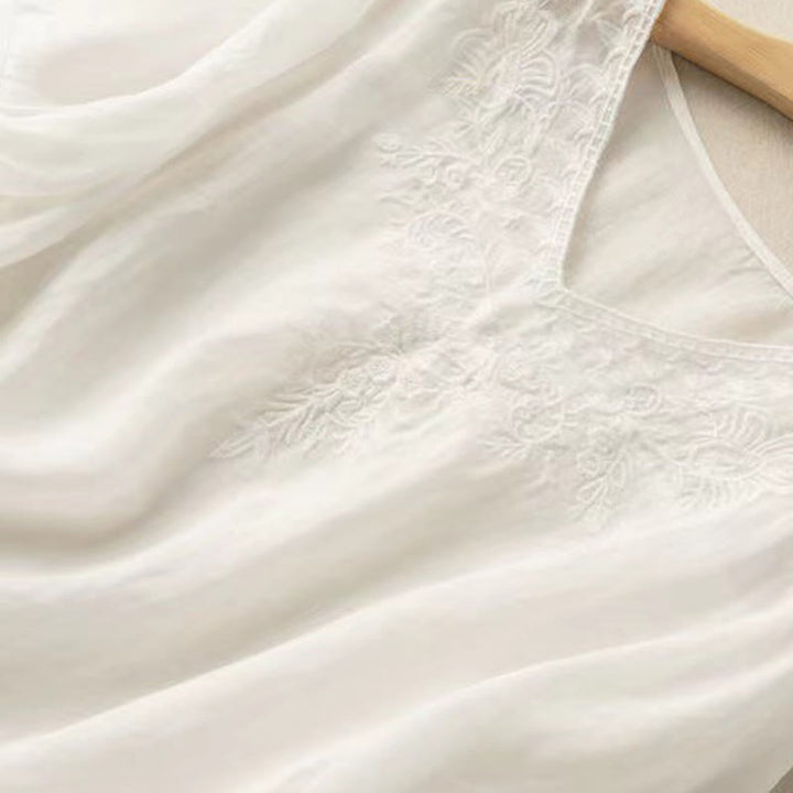 Koszula damska z krótkim rękawem i dekoltem w serek Buddha Stones Casual z haftem kwiatowym i krótkim rękawem - image 20