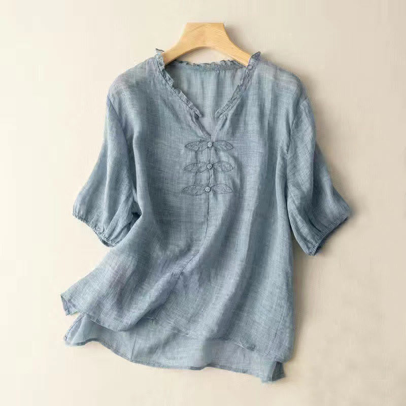 Koszula damska z krótkim rękawem i dekoltem w serek z haftem w kształcie liści Ungus Edge Wrinkle z bawełny - LightSkyBlue - US12, UK/AU16, EU44 (3XL) - image 0