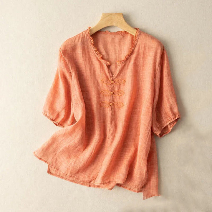 Koszula damska z krótkim rękawem i dekoltem w serek z haftem w kształcie liści Ungus Edge Wrinkle z bawełny - LightSalmon - US12, UK/AU16, EU44 (3XL) - image 6