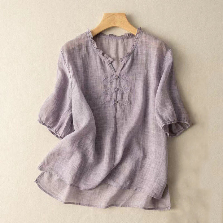 Koszula damska z krótkim rękawem i dekoltem w serek z haftem w kształcie liści Ungus Edge Wrinkle z bawełny - Oset - US12, UK/AU16, EU44 (3XL) - image 11