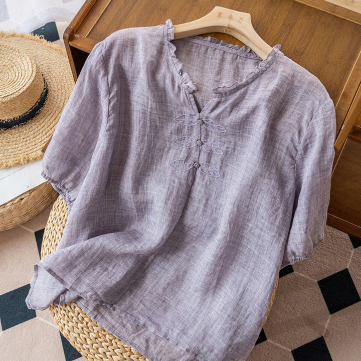 Koszula damska z krótkim rękawem i dekoltem w serek z haftem w kształcie liści Ungus Edge Wrinkle z bawełny - image 12