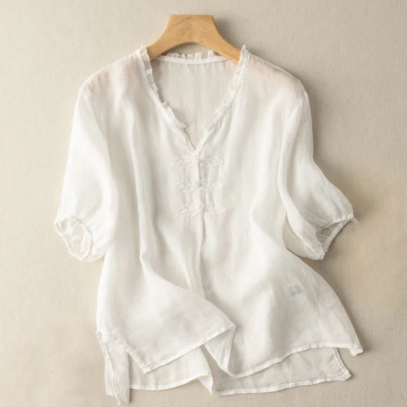 Koszula damska z krótkim rękawem i dekoltem w serek z haftem w kształcie liści Ungus Edge Wrinkle z bawełny - Kość słoniowa - US12, UK/AU16, EU44 (3XL) - image 15