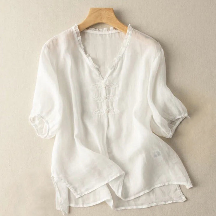 Koszula damska z krótkim rękawem i dekoltem w serek z haftem w kształcie liści Ungus Edge Wrinkle z bawełny - Kość słoniowa - US12, UK/AU16, EU44 (3XL) - image 15