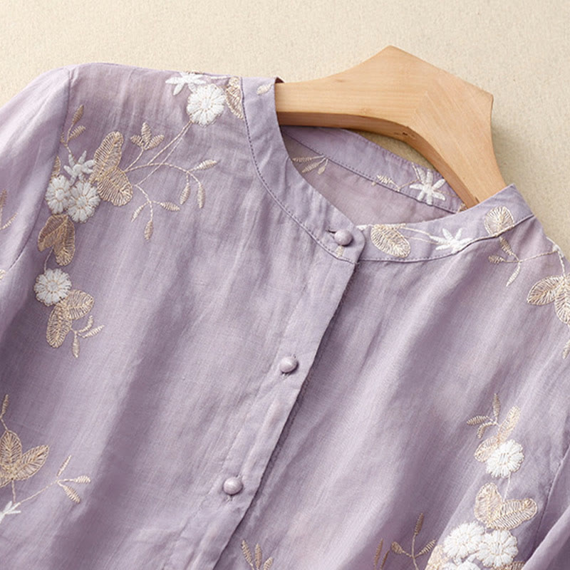 Buddha Stones Casual haftowane płatki splecione organza damska okrągły dekolt projekt półrękaw bawełniany kardigan koszula - image 2