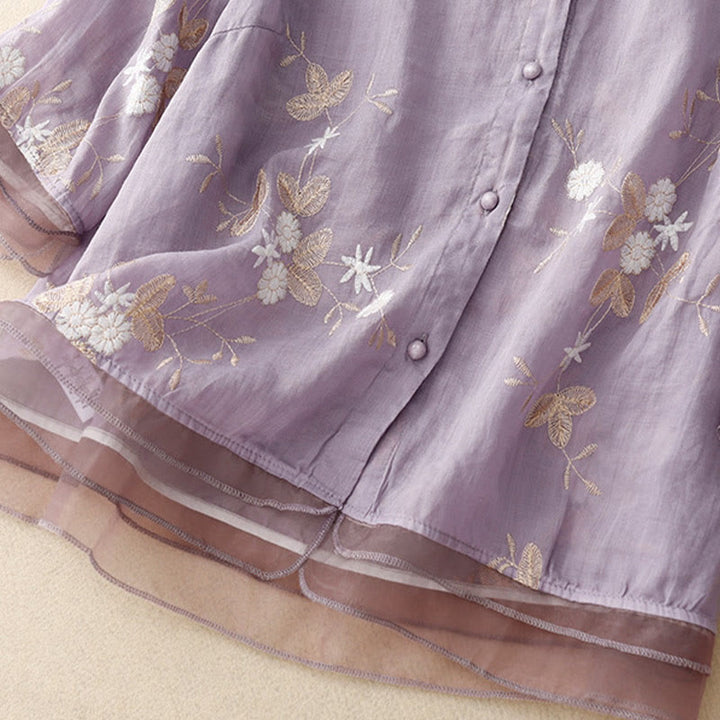 Buddha Stones Casual haftowane płatki splecione organza damska okrągły dekolt projekt półrękaw bawełniany kardigan koszula - image 2