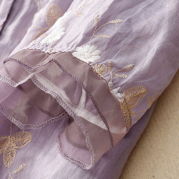 Buddha Stones Casual haftowane płatki splecione organza damska okrągły dekolt projekt półrękaw bawełniany kardigan koszula - image 4