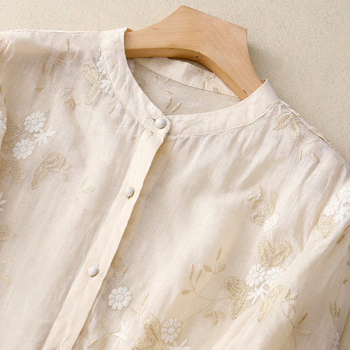 Buddha Stones Casual haftowane płatki splecione organza damska okrągły dekolt projekt półrękaw bawełniany kardigan koszula - image 5