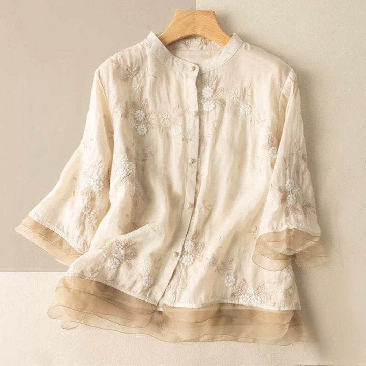 Buddha Stones Casual haftowane płatki splecione organza damska okrągły dekolt projekt półrękaw bawełniany kardigan koszula - Jasnożółty - US8-10，UK/AU12-14，EU40-42 (2XL) - image 4