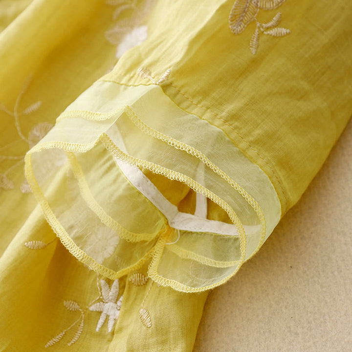 Buddha Stones Casual haftowane płatki splecione organza damska okrągły dekolt projekt półrękaw bawełniany kardigan koszula - image 12