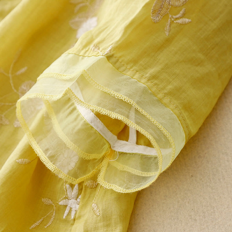 Buddha Stones Casual haftowane płatki splecione organza damska okrągły dekolt projekt półrękaw bawełniany kardigan koszula - image 11