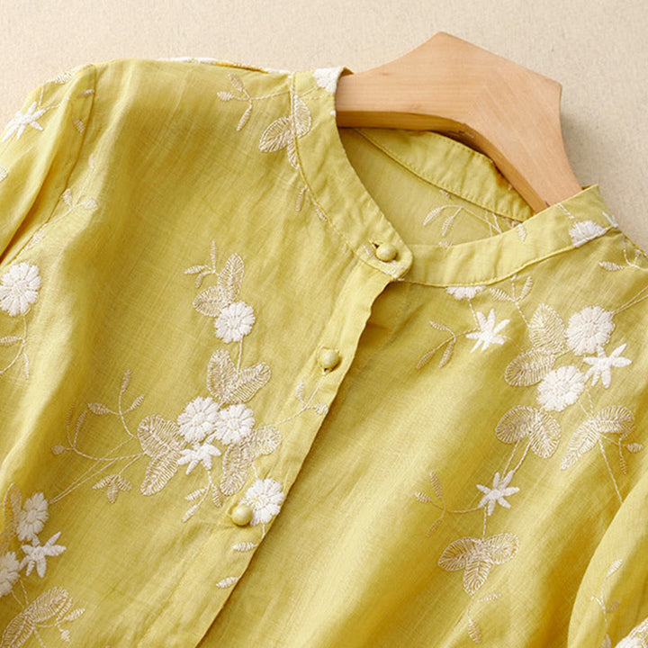 Buddha Stones Casual haftowane płatki splecione organza damska okrągły dekolt projekt półrękaw bawełniany kardigan koszula - image 10