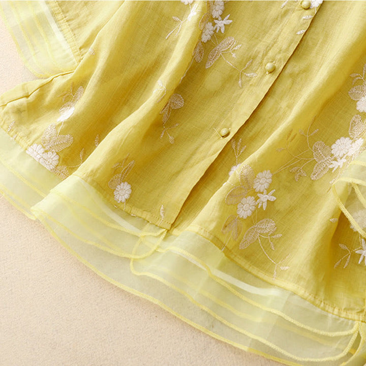 Buddha Stones Casual haftowane płatki splecione organza damska okrągły dekolt projekt półrękaw bawełniany kardigan koszula - image 12