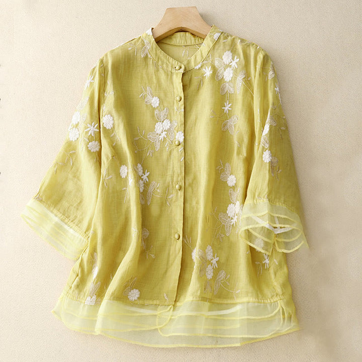 Buddha Stones Casual haftowane płatki splecione organza damska okrągły dekolt projekt półrękaw bawełniany kardigan koszula - Khaki - US8-10，UK/AU12-14，EU40-42 (2XL) - image 8