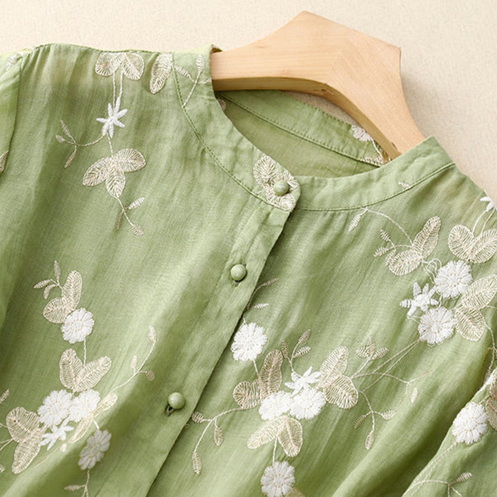 Buddha Stones Casual haftowane płatki splecione organza damska okrągły dekolt projekt półrękaw bawełniany kardigan koszula - image 16