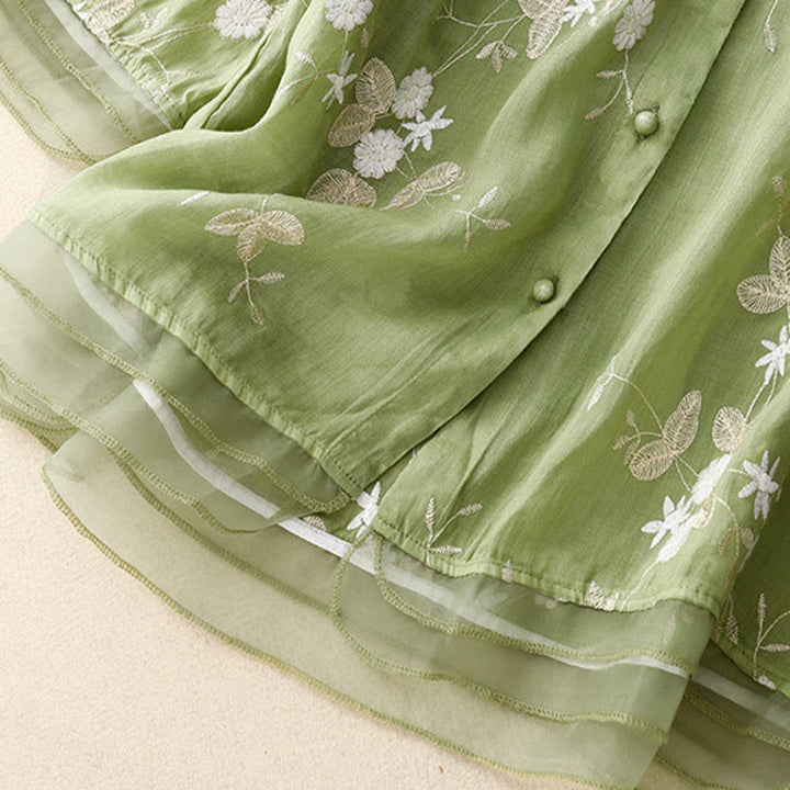 Buddha Stones Casual haftowane płatki splecione organza damska okrągły dekolt projekt półrękaw bawełniany kardigan koszula - image 21