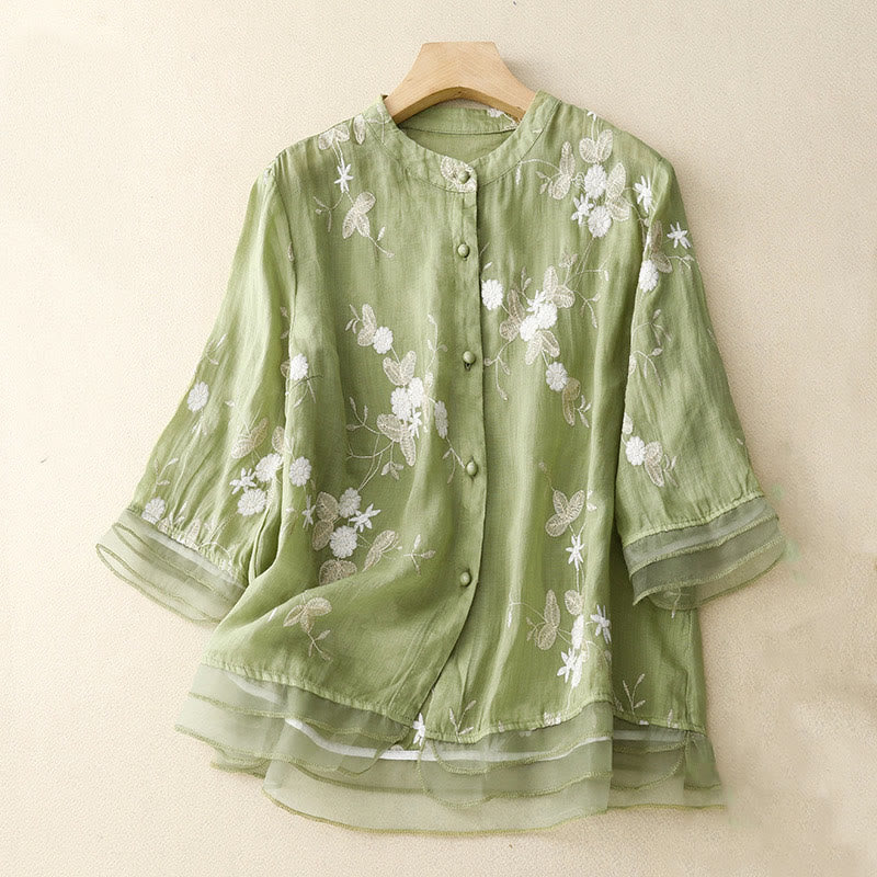 Koszula damska z okrągłym dekoltem i krótkim rękawem, haftowanymi płatkami Buddy, z Buddha Stones - Jasnozielony - US8-10，UK/AU12-14，EU40-42 (2XL) - image 14