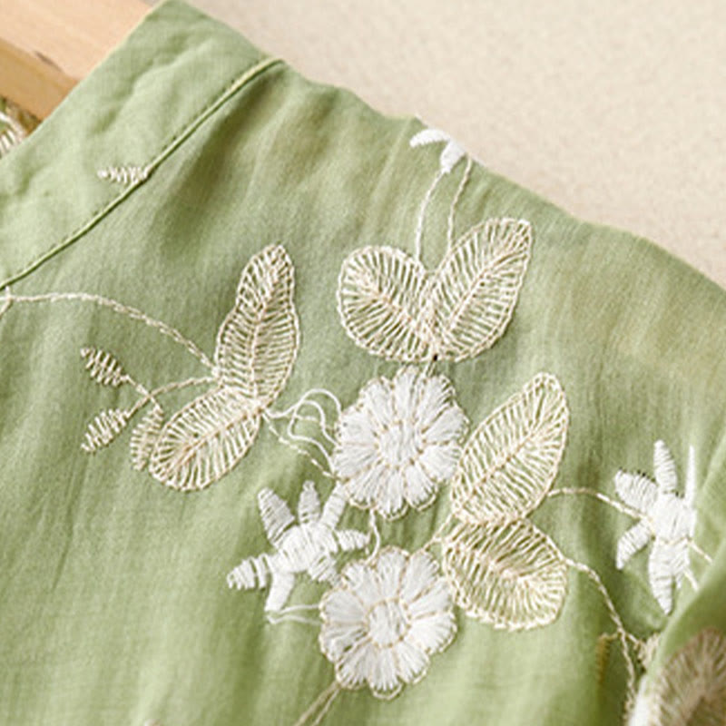 Buddha Stones Casual haftowane płatki splecione organza damska okrągły dekolt projekt półrękaw bawełniany kardigan koszula - image 17