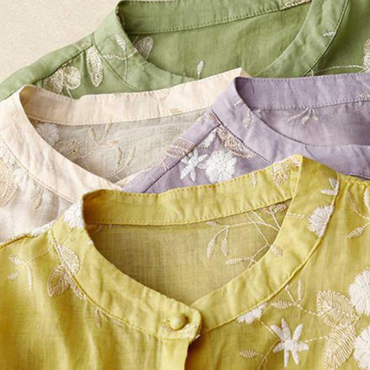 Buddha Stones Casual haftowane płatki splecione organza damska okrągły dekolt projekt półrękaw bawełniany kardigan koszula - image 22