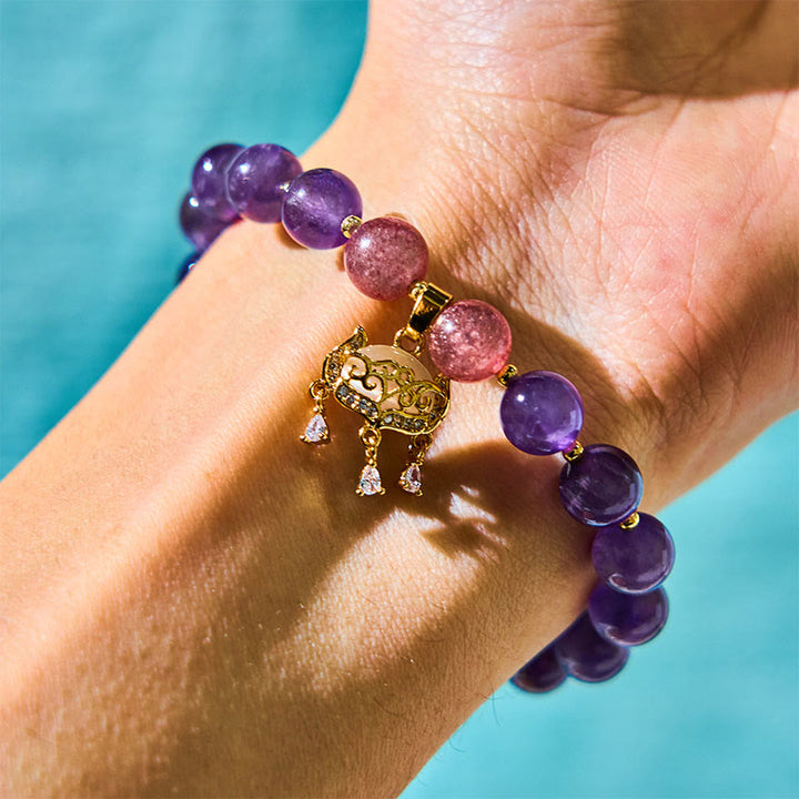 Buddha Stones Naturalny Ametyst Truskawkowy Kwarc Pokojowy Zawieszka Pozytywna Bransoletka
